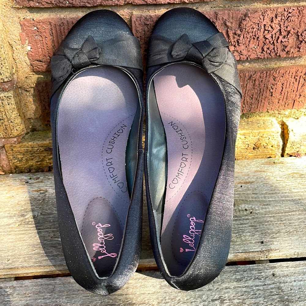 Jellypop ELVA Kitten Heels Black taffeta look with bow on toe 1.5” heel Size 10M